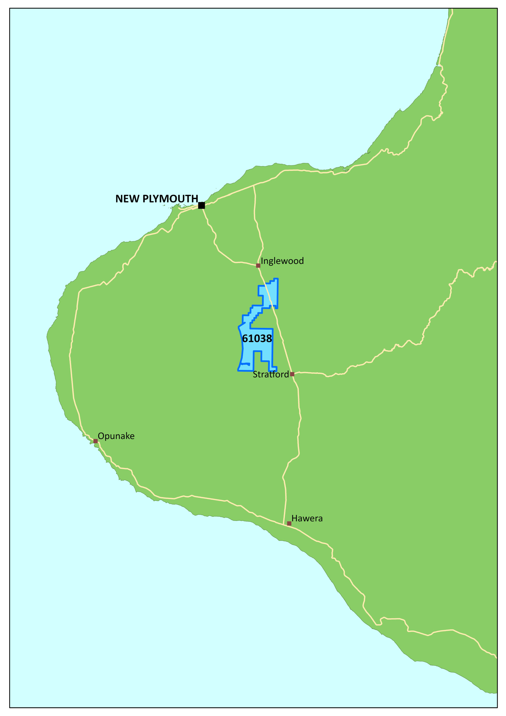 A map of petroleum exploration permit 61038. The permit covers 61.9 km2 in an area north-west of Stratford in the onshore Taranaki Basin.