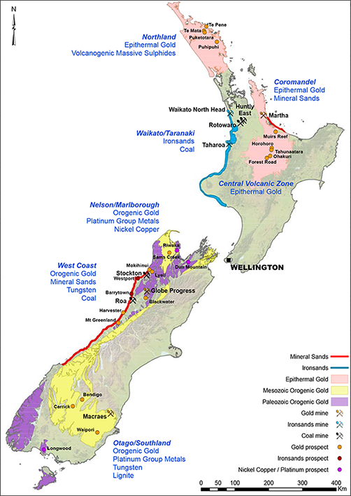 Map showing Major mines and mineral occurence in New Zealand